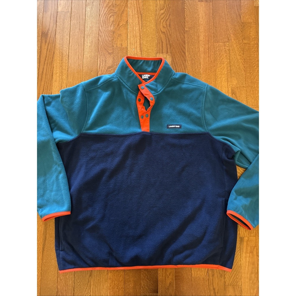Lands' End Sweatshirt Men's XL Fleece Snap Blue Teal Colorblock Jacket Pullover